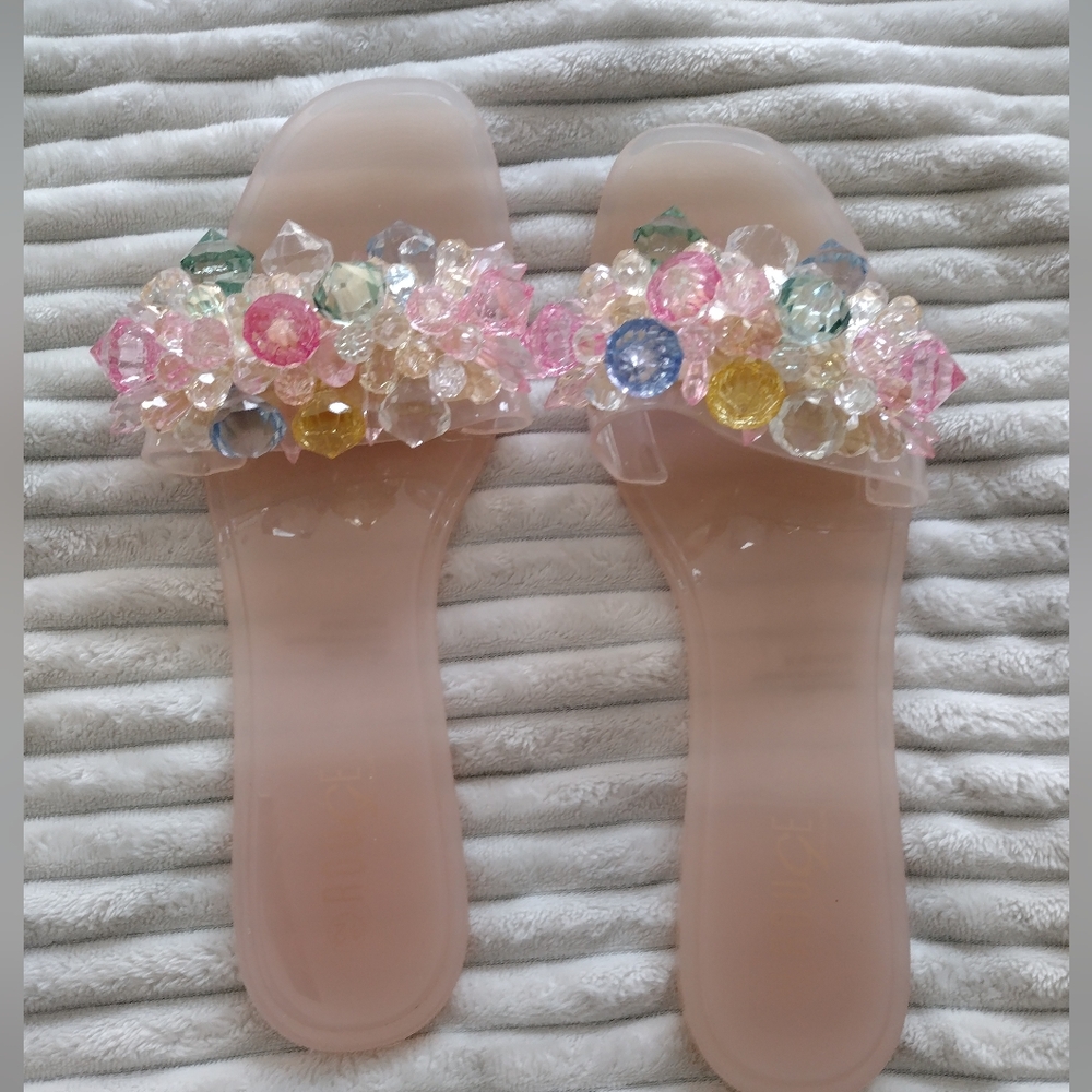Bejeweled Clear Pink Jelly Slides with Multicolor Crystal Accents
